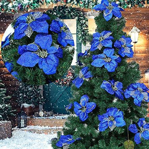 JOHOUSE 16PCS Christmas Glitter Artificial Poinsettia Flowers, 9inches Artificial Christmas Flowers Christmas Flowers for Christmas Tree Wreaths Ornaments (Blue)