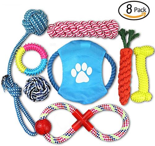 Dog Toy Balls,Chew Toys,Flying Discs,Toy Ropes, Interact Toys 8 Pack Gift Set for Small to Medium Doggie