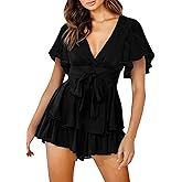 AIMCOO Women's Floral Print Deep V-Neck Romper Double Layer Ruffle Hem Jumpsuits Short Flare Sleeves Waist Tie Short Rompers