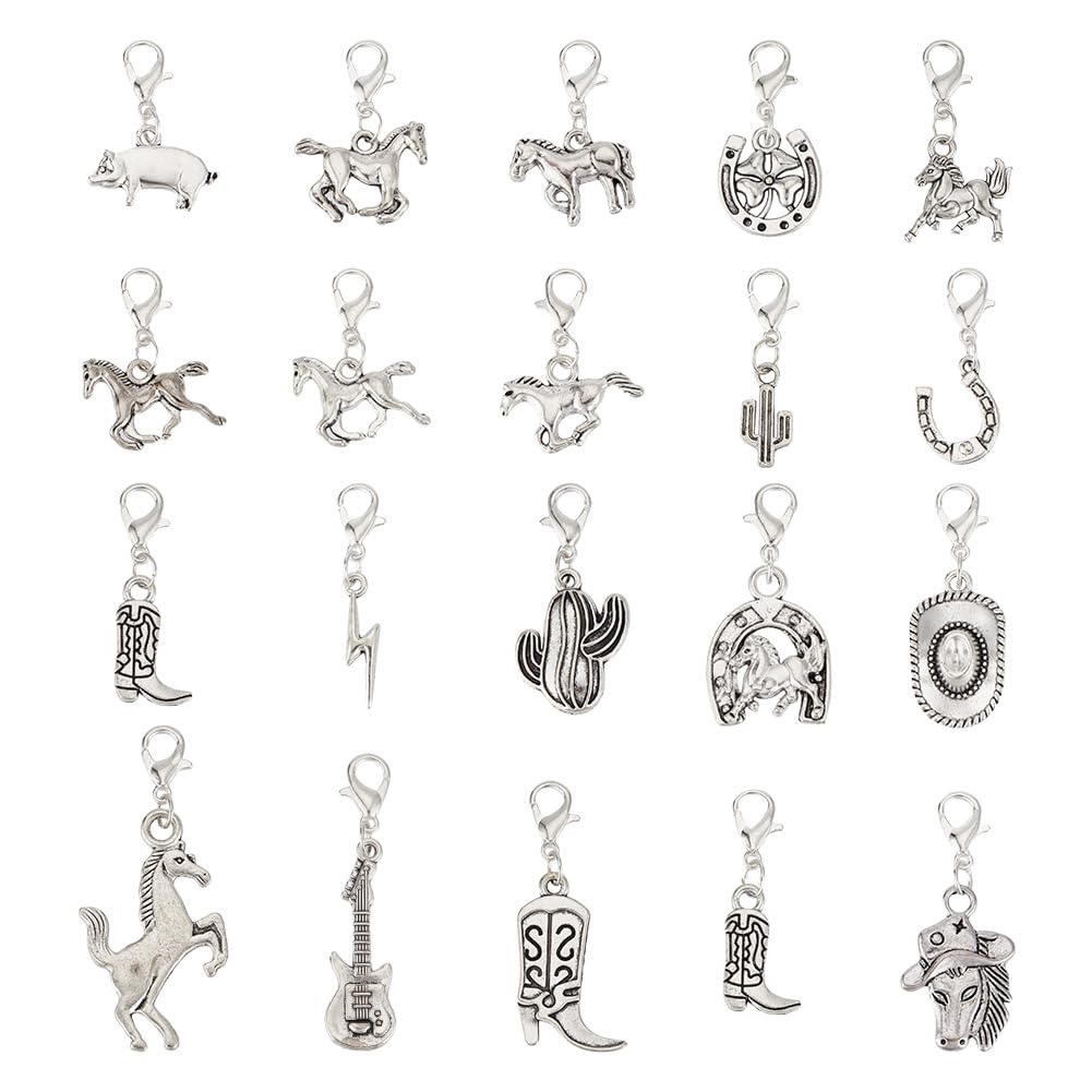 AHANDMAKER 20PCS Western Cowboy Charms with Alloy Swivel Clasps for Jewelry Making Antique Silver Cowboy Boot Hat Horse Charms Western Pendant for Bracelet Necklace