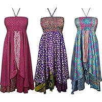 Mogul Interior Womens Halter Dress Recycled Silk Sari Vintage Two Layer Divine Timing Sundress Wholesale Lot Of 3 Pcs