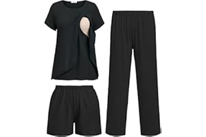 Ekouaer 3 PCS Maternity Nursing Pajamas Set Postpartum Breastfeeding Short Sleeve Shirts, Pregnancy Shorts & Pants Pjs S-XXL