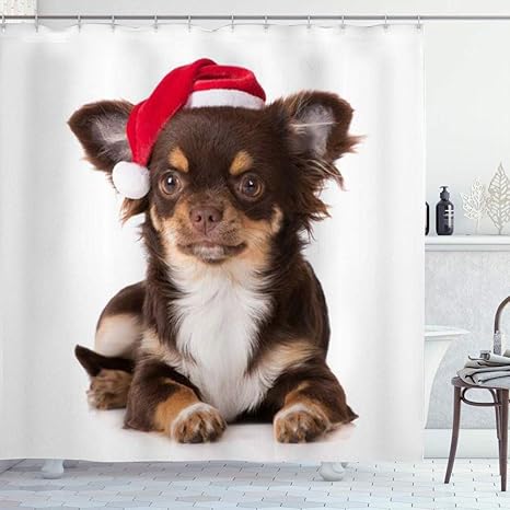 Amazon Kapanou 防水 シャワーカーテン チワワ若い子犬チョコレート探しサンタ帽子かわいい動物野生動物自然 かわいいシャワーカーテン ユニットバス バスルーム 芸術の装飾 180cmx180cm バスフック付き 取り付け簡単 シャワーカーテン ホーム キッチン オンライン通販
