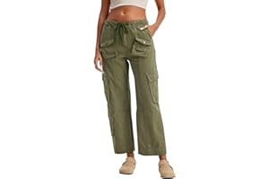 GREAIDEA Cargo Pants for Women Low Rise Drawstring Waist 7 Pockets Hiking Work Wide Leg Pants with Zipper Button Closure