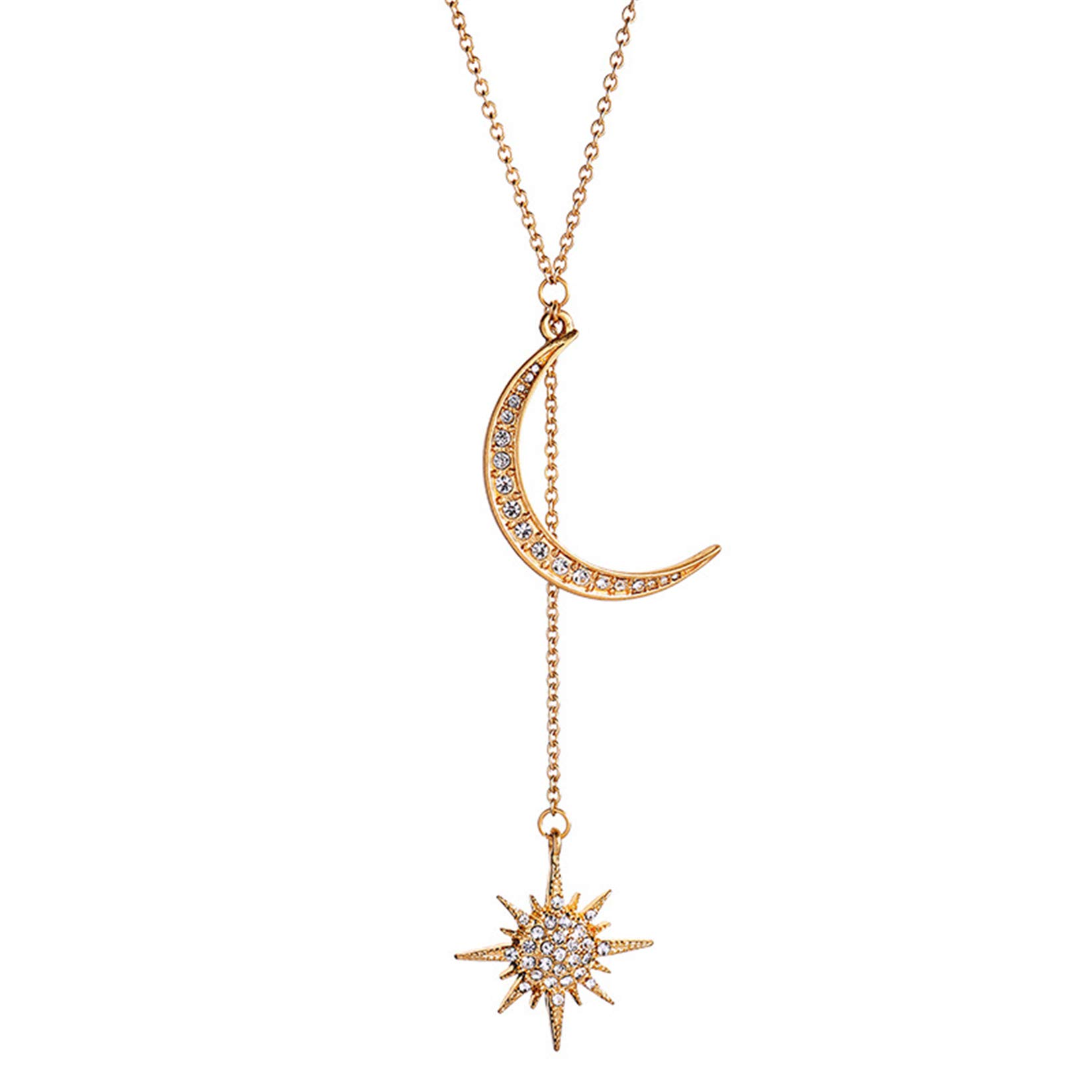 HMOOY Fashion Crystal Crescent Moon and Star Pendant Necklace Gold Plated Retro Star Phase Pendant Delicate Chain Necklace Accessories Jewelry for Women (Gold)