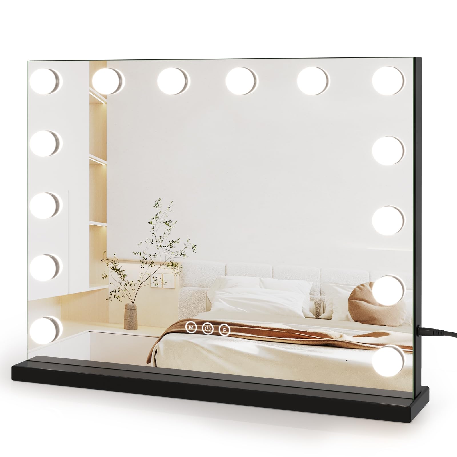 Dripex Hollywood Vanity Mirror with Lights, 50×42cm Large Lighted Makeup Mirror with 14 Dimmable LED Bulbs, 3 Color Modes, Cosmetic Tabletop or Wall Mount Mirror for Bedroom(Black)