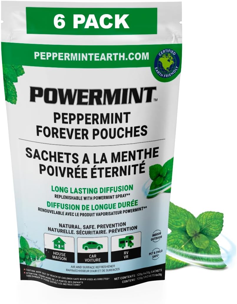 POWERMINT Peppermint Forever Pouches for Home, Farm and Vehicle. Premium Quality. 6-PACK