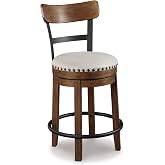 Signature Design by Ashley Valebeck Counter Height Bar Stool, Brown | Rustic-industrial wood and metal stool, Cushioned comfort, Tailored nailhead trim, Smooth 360-degree swivel