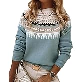 COROFY Womens Vintage Fair Isle Knit Sweater 2024 Fall Casual Loose Long Sleeve Crewneck Chunky Knitted Pullover Tops