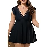COCOPEAR Plus Size Swimsuit for Women Mesh Swim Dress Ruffle Swim Suits Tummy Control V Neck Bathing Suit Skirt