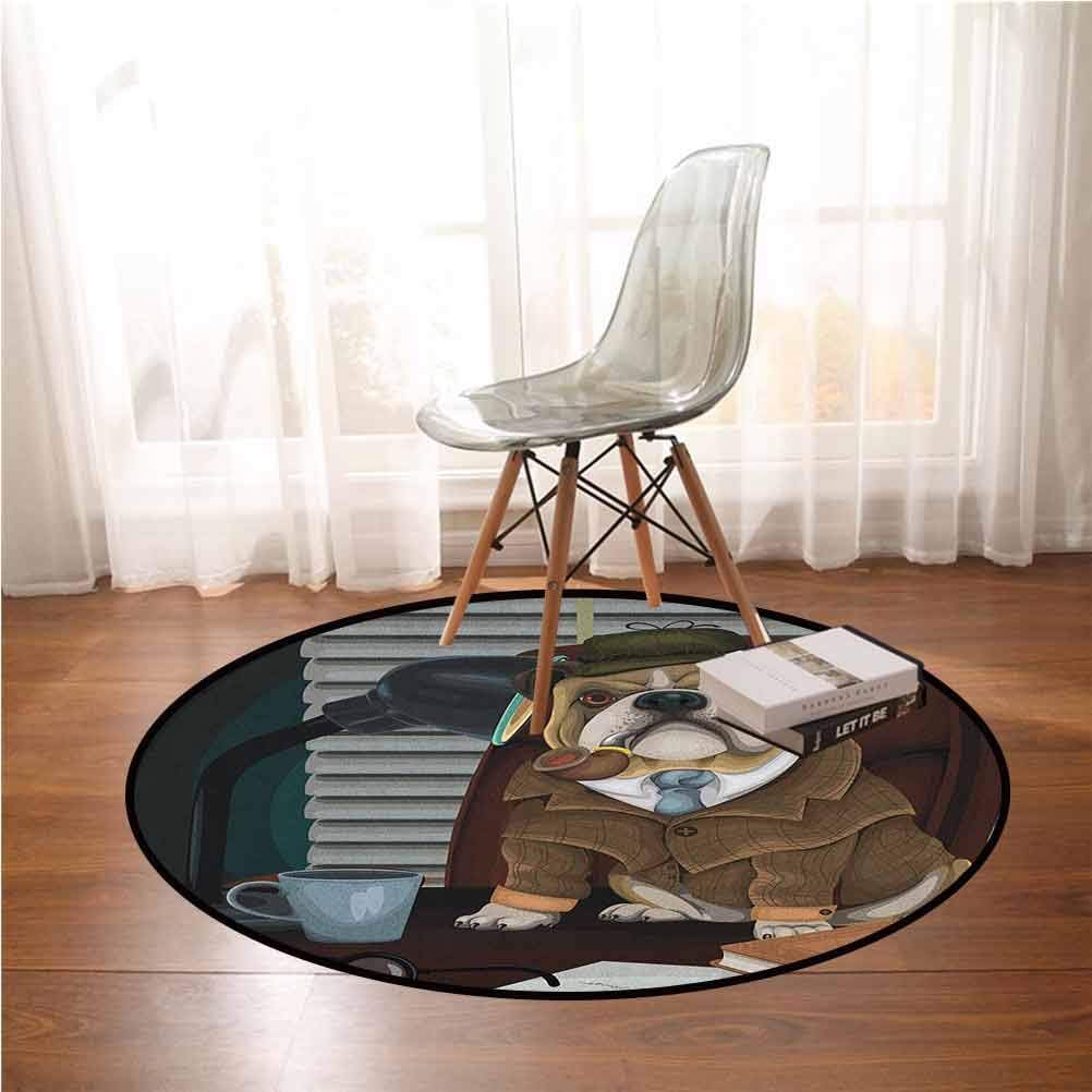 English Bulldog Circle Living Room Bedroom Baby Room Rug Traditional English Detective Dog with a Pipe and Hat Sherlock Holmes Image 6.5ft Urban Life Super Learning and Entertainment Safety Carpet