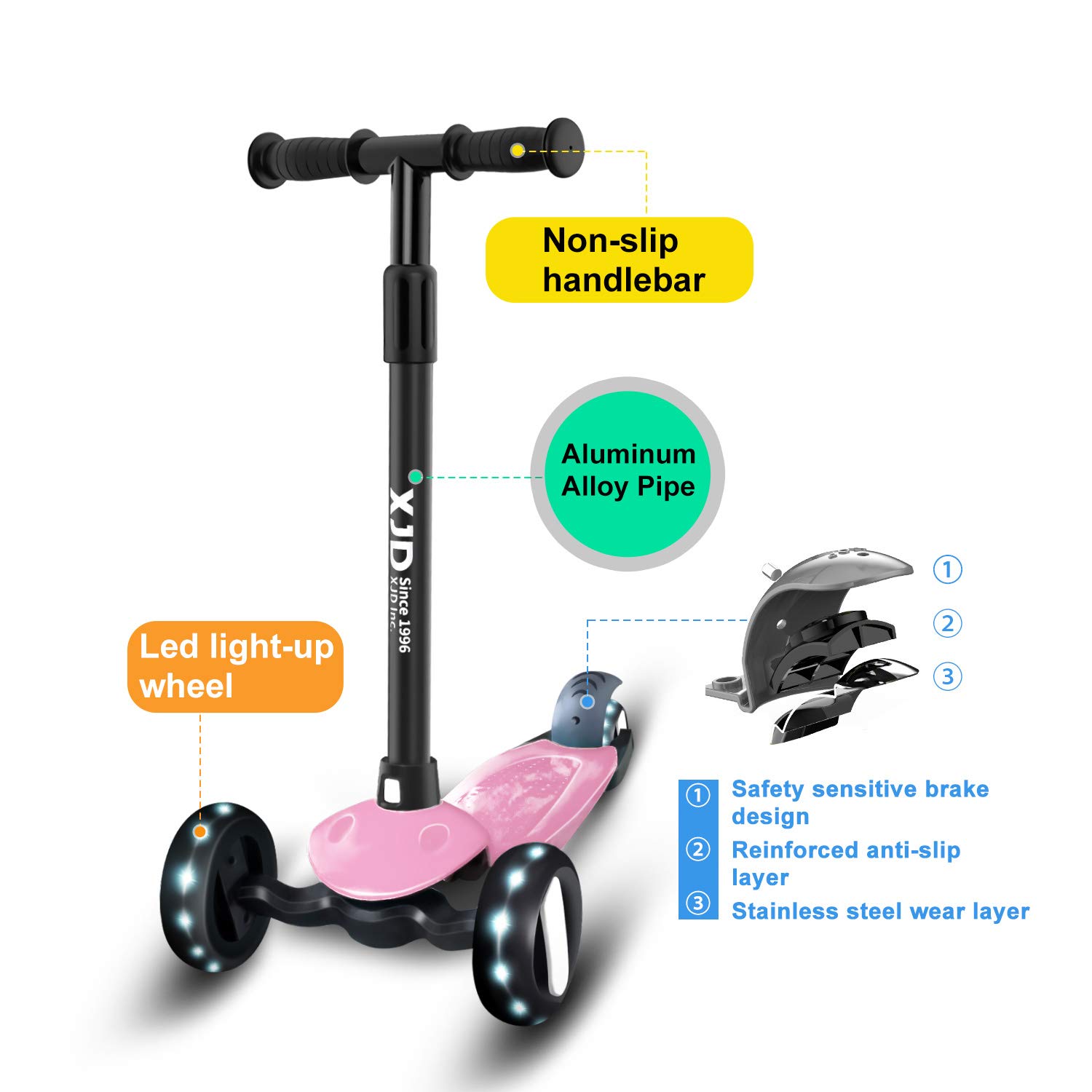 XJD Toddler Scooter Kick Scooter for Kids Great for Kids Boys Girls Light Up 3 Wheels Adjustable Height Children from 2 to 10 Year-Old, Pink