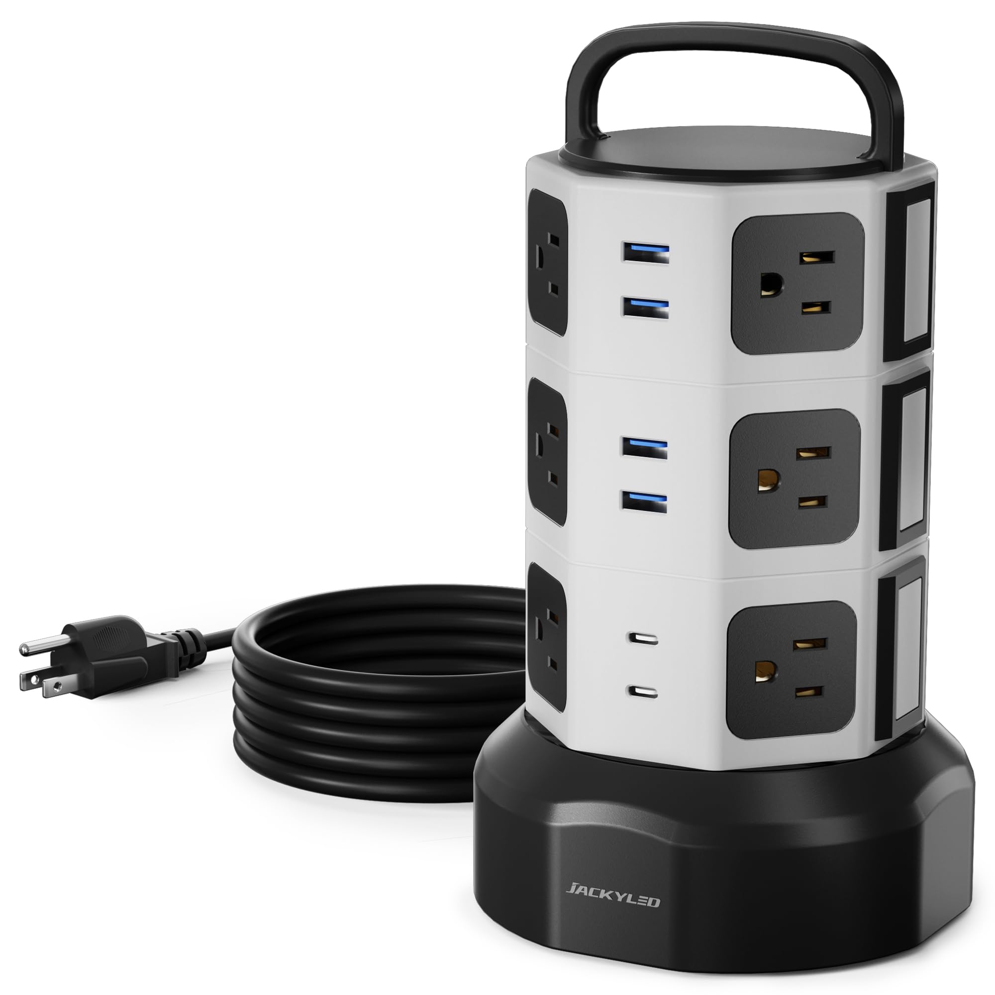 Photo 1 of ?10ft? Power Strip Tower JACKYLED Surge Protector Electric Charging Station with 13A 12 Outlets 6 USB Ports Heavy Duty Extension Cord for Home Office Computer Nightstand Laptop Phone White Black