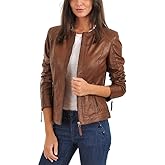 LL LEATHER LOVERS Women's Lambskin Leather Bomber Biker Jacket
