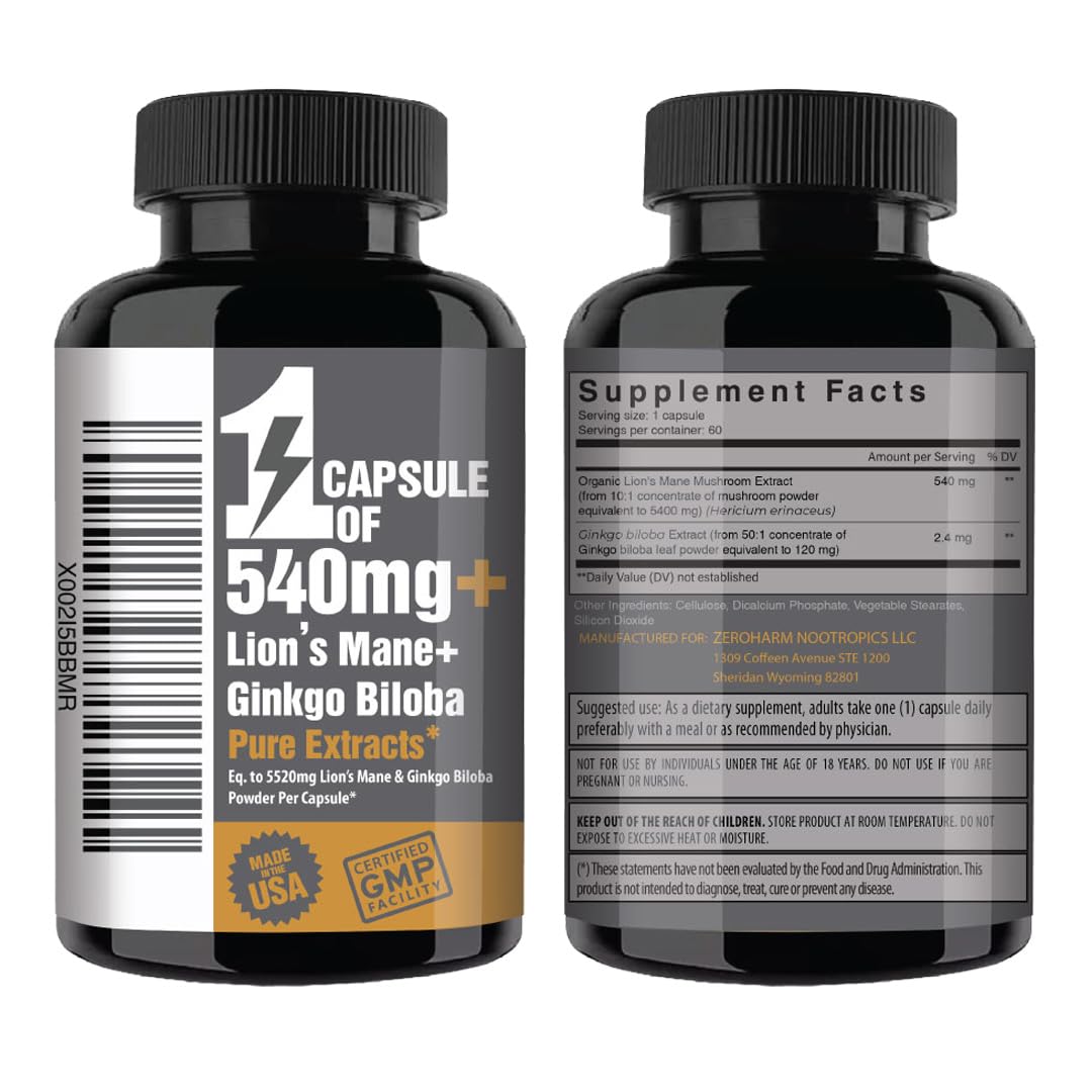 NooMost Lions Mane Supplement Organic Capsules - with Ginkgo Biloba - Cognitive Health, Focus & Memory Support - Natural Superfood for Brain, Energy & Immune Health - 60 Capsules - 2 Month Supply