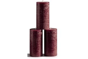 CANDWAX Large Pillar Candles 3x6 Inch – Set of 3 Unscented Dripless Burgundy Candles, Long Burning Rustic Finish for Weddings