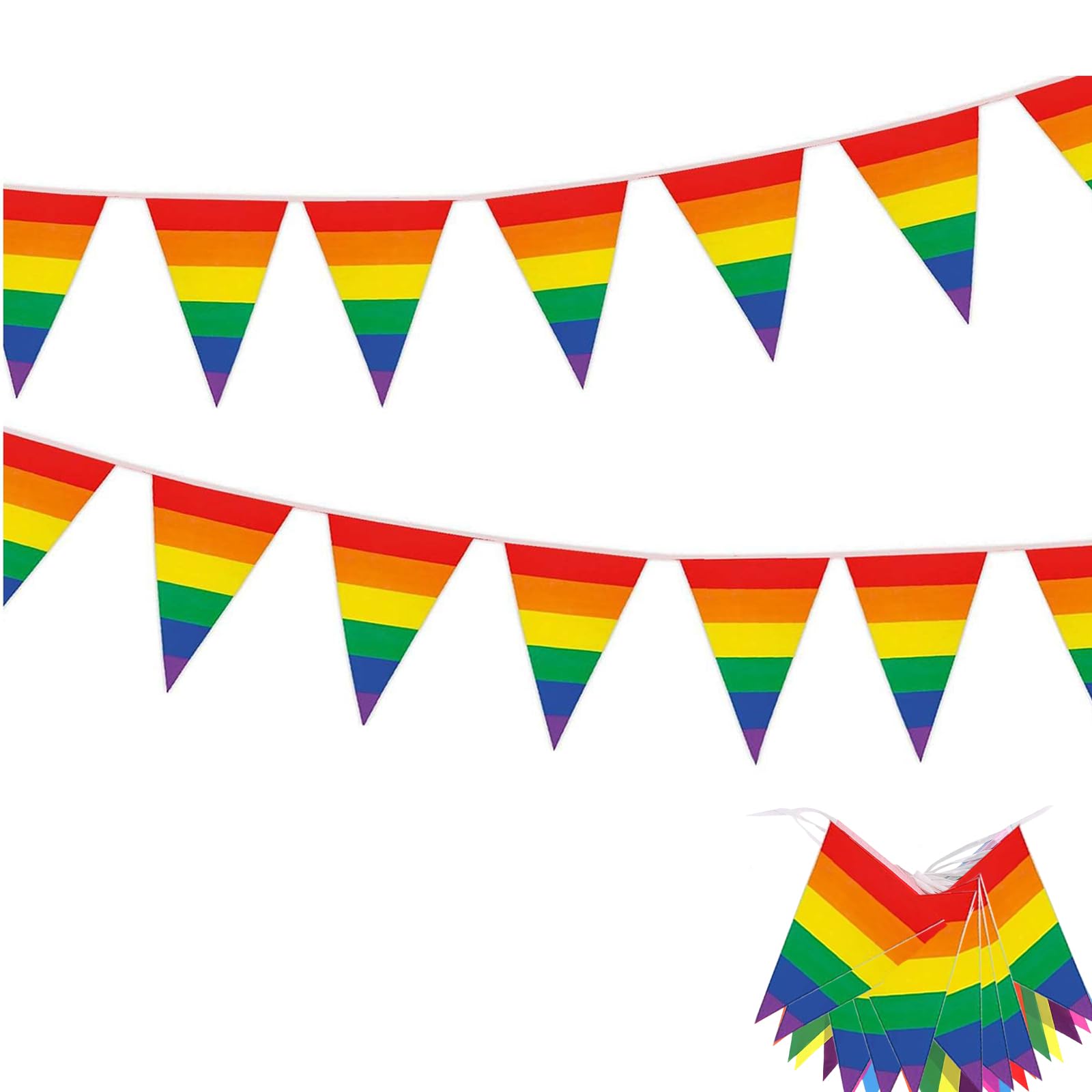 10M Rainbow LGBT Bunting Banner With 30 Triangular Pride Flag for Events, Parades, Party Festival Trans Decorations