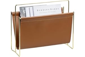 MyGift Magazine Holder Magazine Rack Floor 15-Inch Modern Brown Leatherette & Brass Plated Metal Floor Standing Faux Leather Sling Style Newspaper Rack for Home, Bathroom, Office Decor