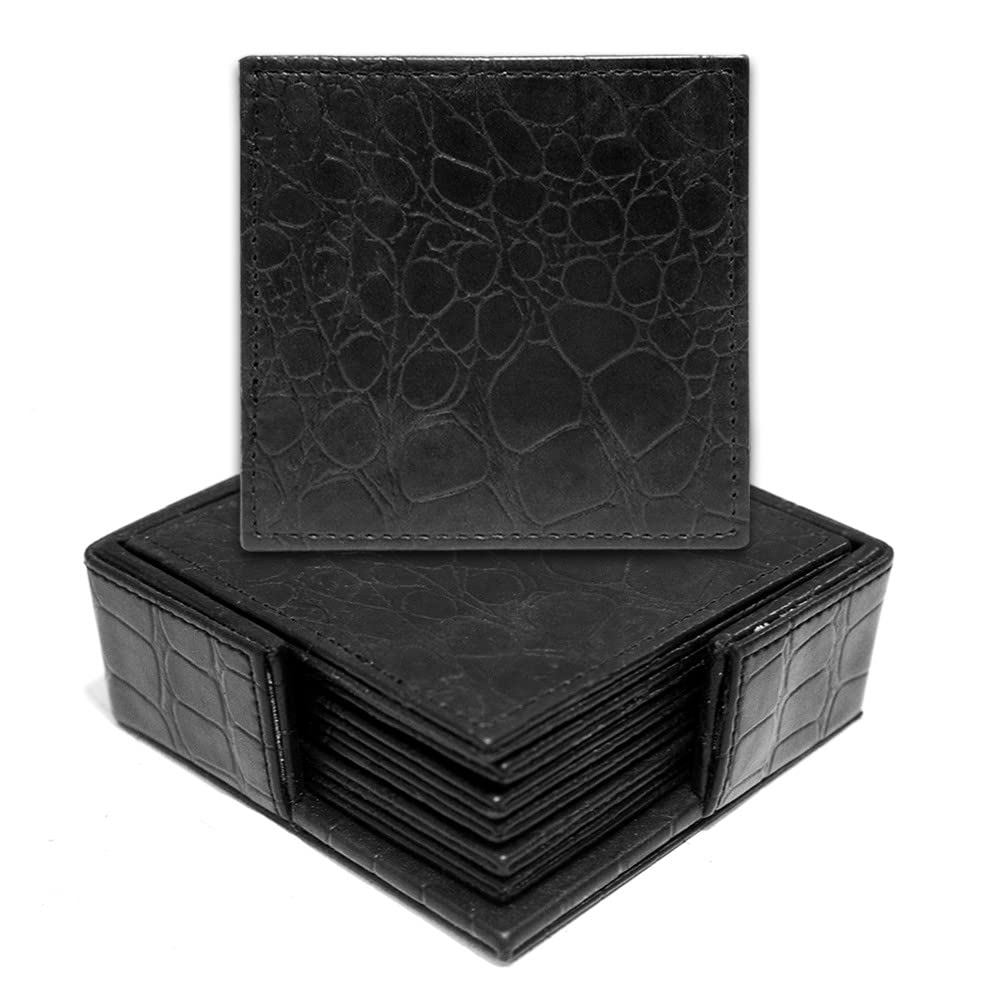 Square Tea Coasters pack of 6 with holder for bar, home, office, Non-Slip, Heat Resistant Coasters, bar coasters, Drink coaster (Crocodile Black)