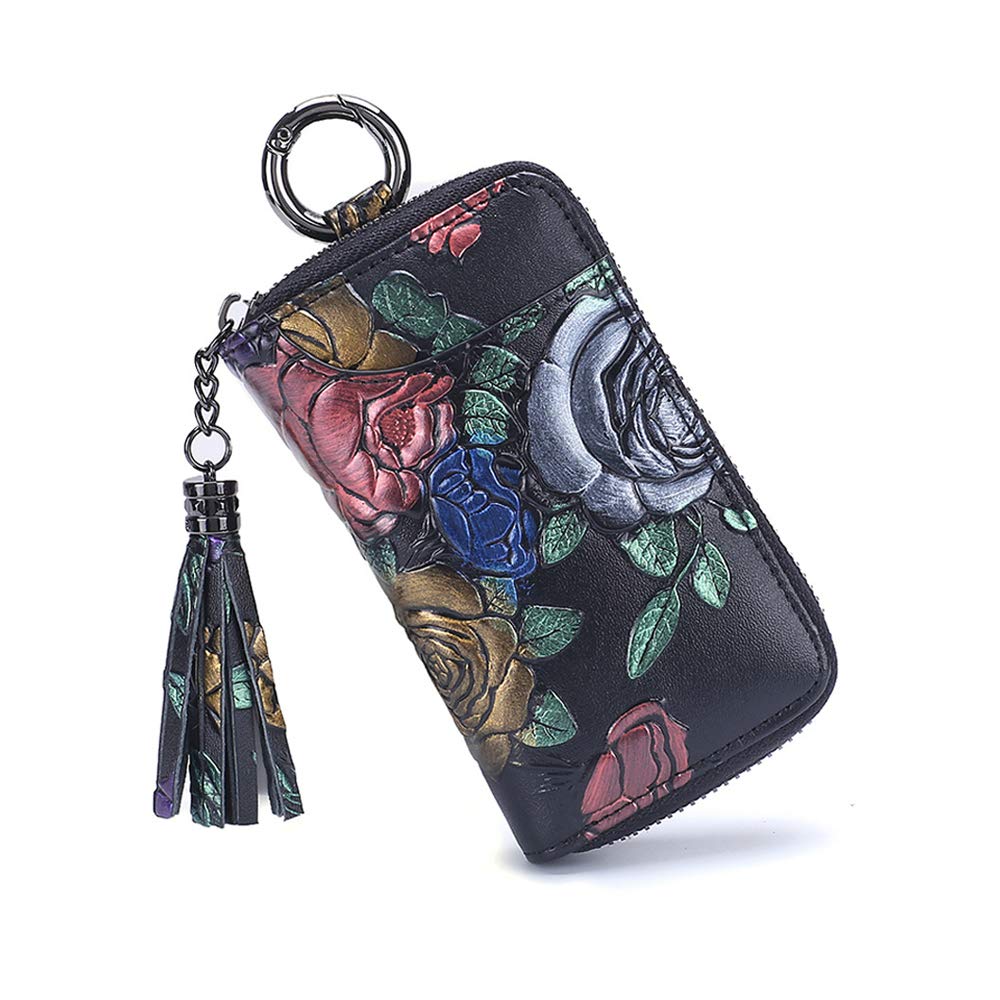 Key Wallet Womens Genuine Leather Car Key Case Holder Zipper Keychian Bag Ladies Key Pouch Holder with 8 Hooks & 1 Key Ring, Card Slots Great Women Gift