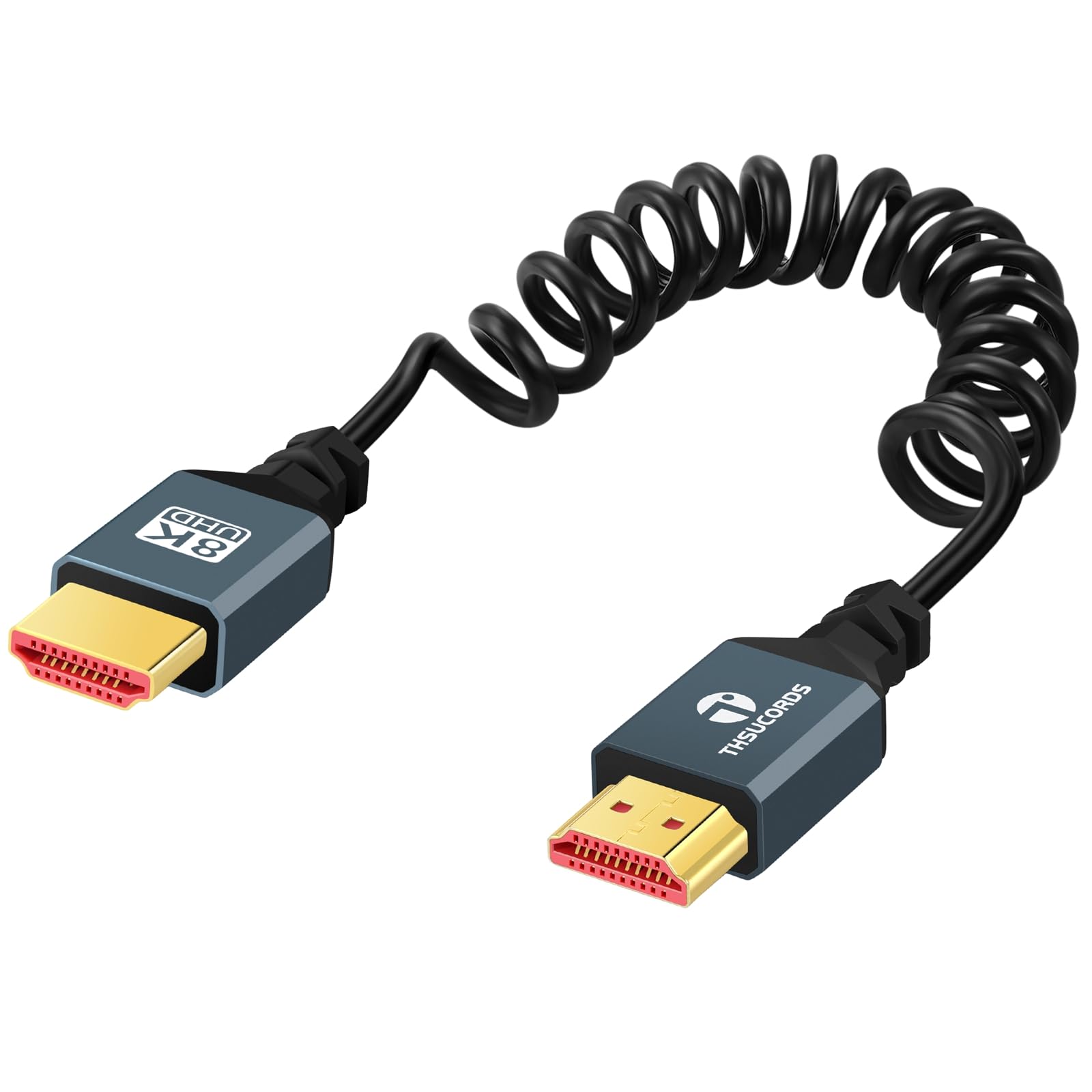 Thsucords 8K HDMI Coiled Cable, Ultra Thin HDMI to HDMI Cable,HDMI 2.1 Gold-Plated Male to Male Spiral Cord, Support 8K@60Hz 4K@120Hz 48Gbps for PS5/Blu-ray/Roku TV/Xbox Series X/S(90cm)