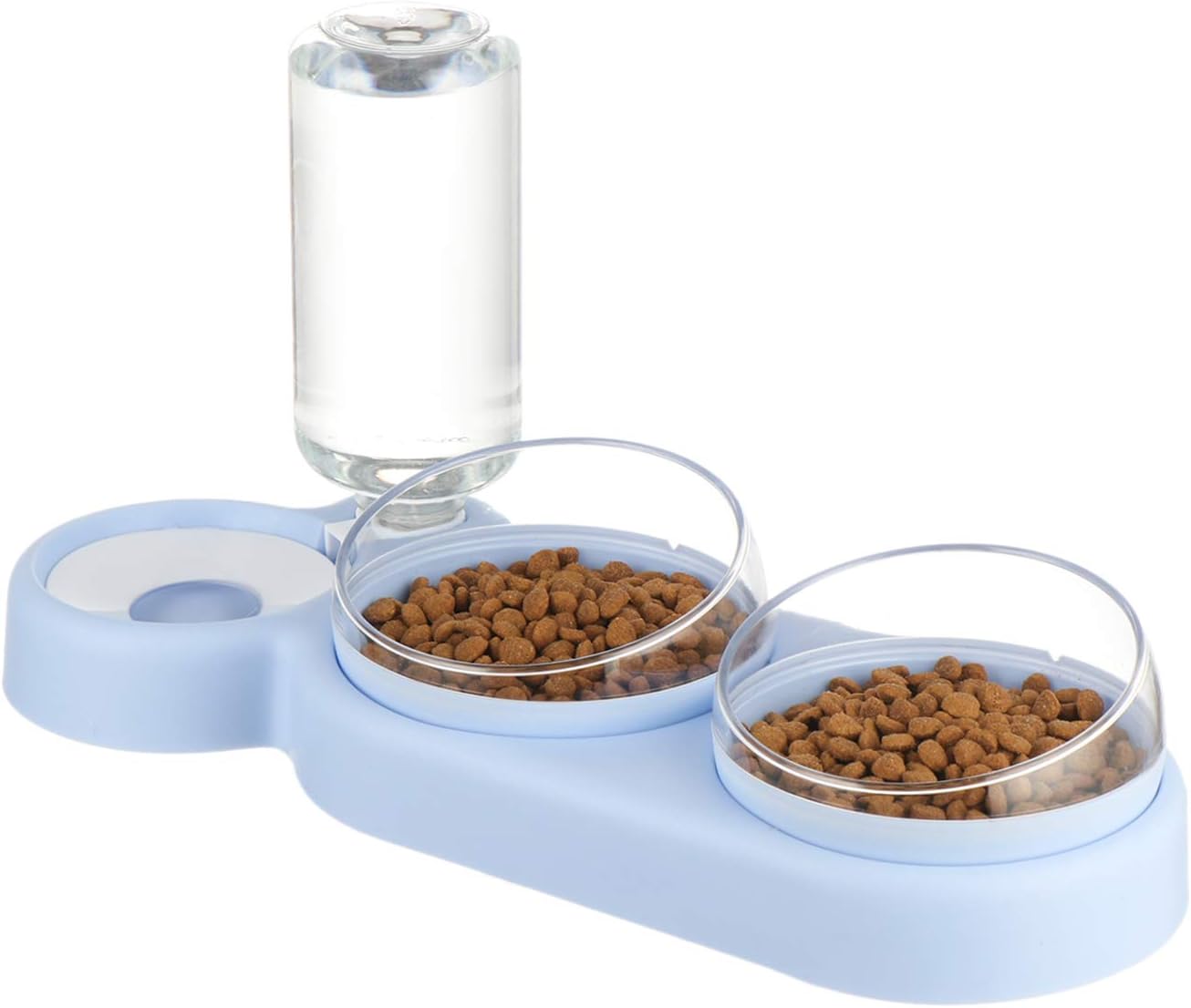 Triple Dog Cat Bowls Automatic Pet Feeder 15°Tilt and 360°Rotatable Double Food Bowl with Automatic Water Bottle Bowl Detachable Small and Medium Dogs and Cats Use (Blue)