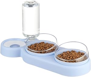 Triple Dog Cat Bowls Automatic Pet Feeder 15°Tilt and 360°Rotatable Double Food Bowl with Automatic Water Bottle Bowl Detachable Small and Medium Dogs and Cats Use (Blue)