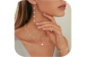 FUNRUN JEWELRY Pearl Necklace for Women 14K Gold Plated Pearl Jewelry Set Adjustable Pearl Choker Necklace Bracelet Pearl Drop Earrings Dainty Wedding Pearl Jewelry
