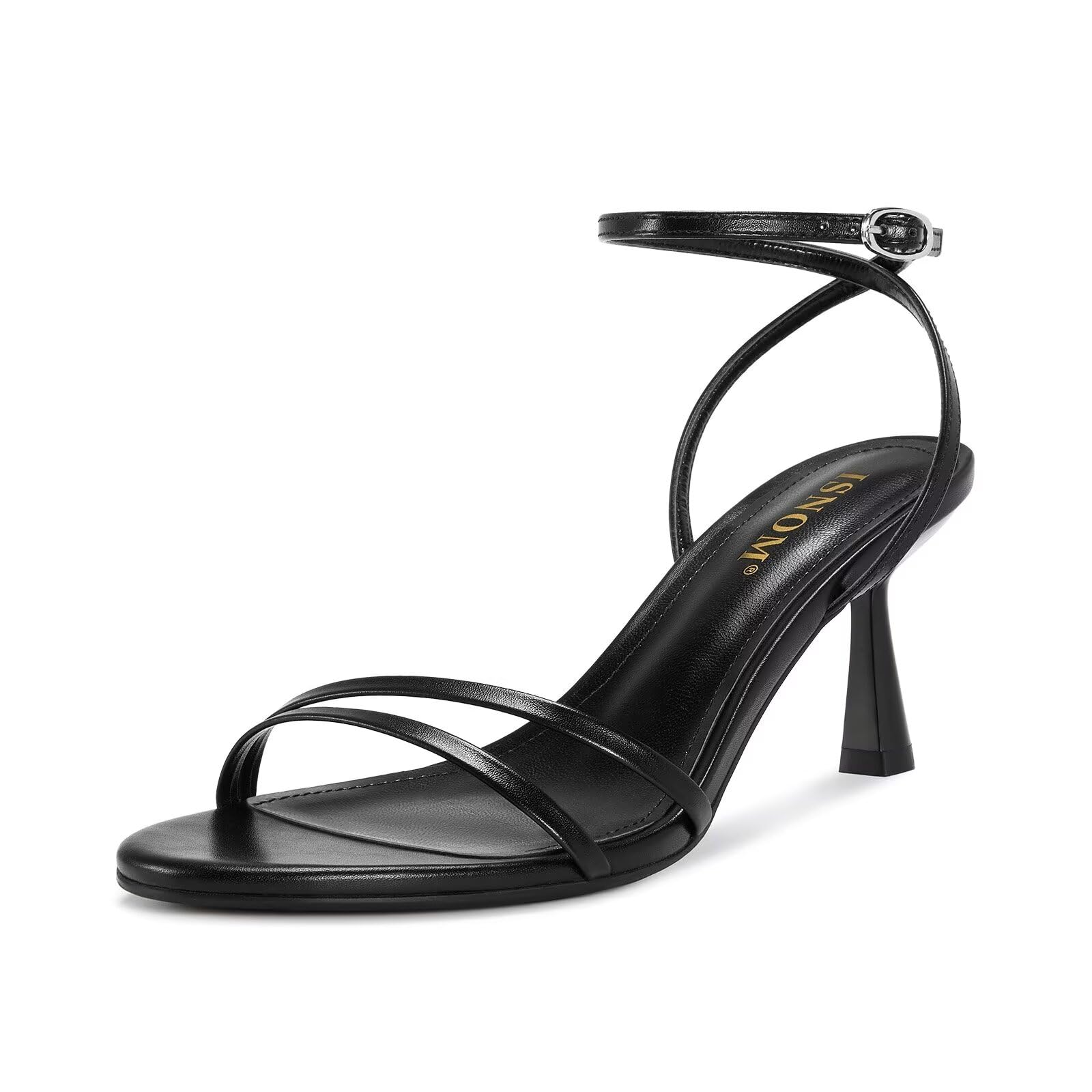 Photo 1 of ISNOM Black Strappy Heels for Women with Low Kitten Heel Comfortable Dressy Black Heels Sandal Party