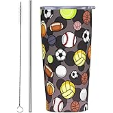 FEYAMYUN 20oz Sports Ball Tumbler, Brown Stainless Steel Thermal Travel Coffee Mug with Lid Straw, Baseball Football Basketball Water Bottle Sport Double Wall Vacuum Insulated Cup for Hot Cold Drinks