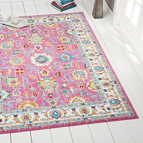 Hot Pink Ivory Modern Traditional Oriental 5x7 Area Rug Bordered Vines Floral Carpet - Actual 5'2" x 7'2" Rectangle Rug