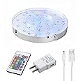 8inch Base Lights - Remote Multicolor RGB LED Stand Rechargeable Battery + AA Battery Operated 1.4inch Tall Round Silvery Plate for Wedding Party Events Home Floral Vases Glass Crystal Decor Lighting
