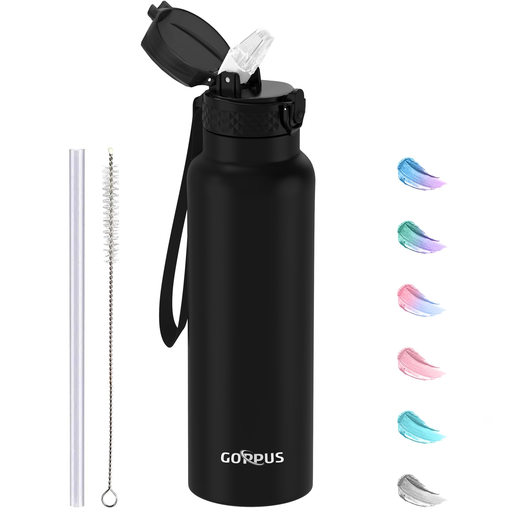GOPPUS 750ml/26oz Stainless Water Bottle with Straw Double Wall Insulated Bottles with Strap Reusable Vacuum Thermal Flask Leakproof Keep Cold Drinks Bottles with Flip Top Lid for Men Women BPA Free