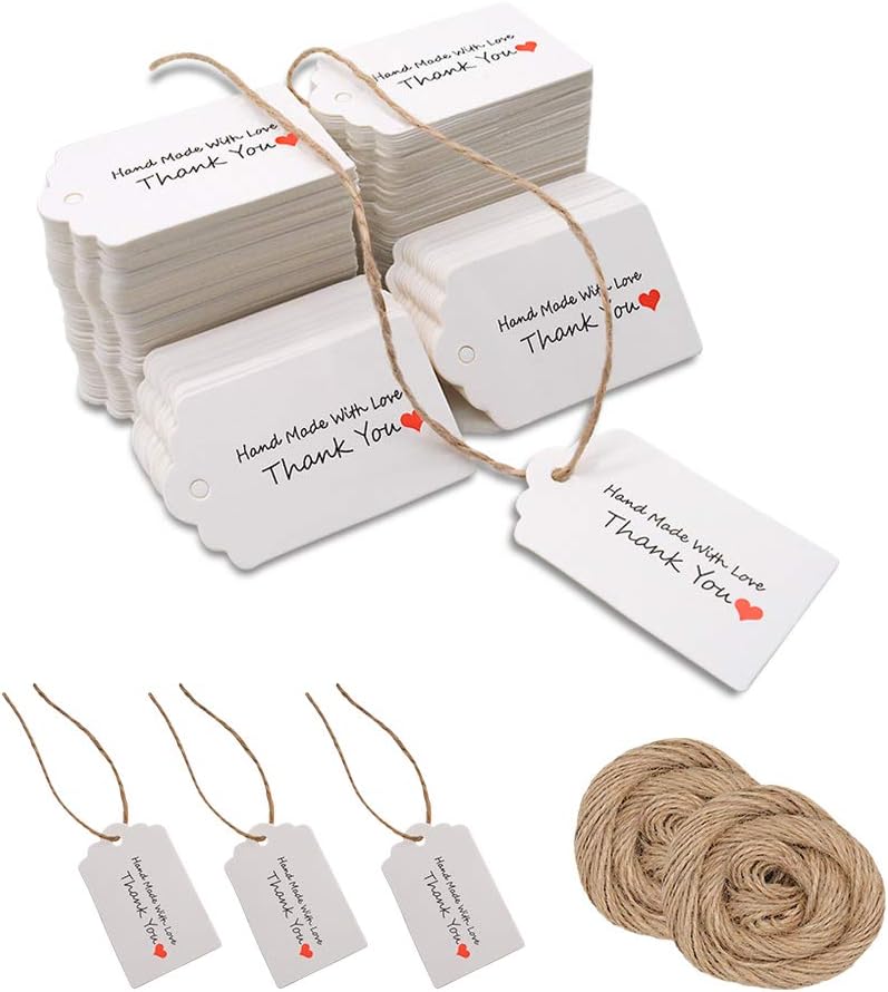 CUGBO 200Pcs Kraft Paper Gift Tags, Hanging Tags with Strings for Wedding Favor, Xmas Gifts, Crafts & Price Labels with 130 Feet Natural Jute Twine (White)