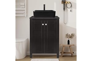 SOLIDEE 24" Bathroom Vanity with Sink, Modern Stylish Dark Brown Bathroom Vanity Cabinet with Black Ceramic Sink, Pop Up Drai