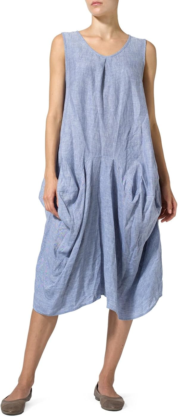 Vivid Linen Sleeveless Draped Dress-4X-Light Denim at Amazon Womenâs Clothing store