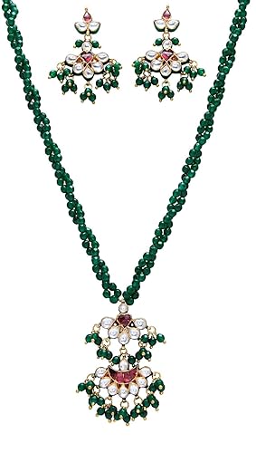 Designer Real Look Handcrafted Bikaneri Jadau Kundan Pendant with Earrings in Semi Precious Gemstones Neckline for Women and Girls - (Green)
