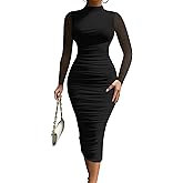 MOEENCN Women's Sexy Bodycon Midi Dress Birthday Outfits Sheer Mesh High Neck Ruched Date Night Club Party Dresses