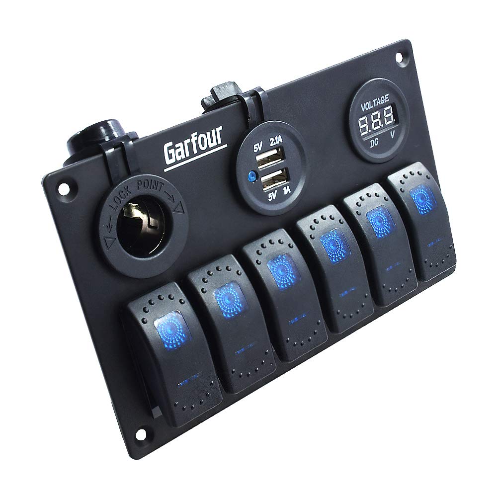 Garfour6 Gang Marine Boat Rocker Switch Panel, 12V Waterproof RV Led Switch Panel for Car Truck Marine Boat, Digital Voltmeter Display Dual USB Charger Port DC 12 Volt Socket 12/24V Blue Lighted: Industrial & Scientific