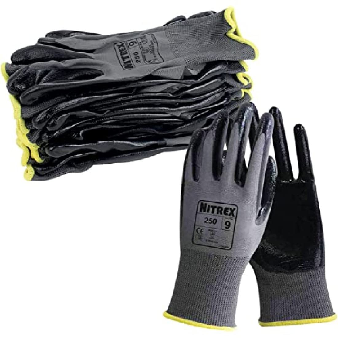 Nitrex 250 Work Gloves - General Handling Safety Gloves, Abrasion Resistant Nitrile Palm Coating, Polyester Liner, Enhanced Grip, Mechanical and Industrial Protection - 10 Pairs - Size 8