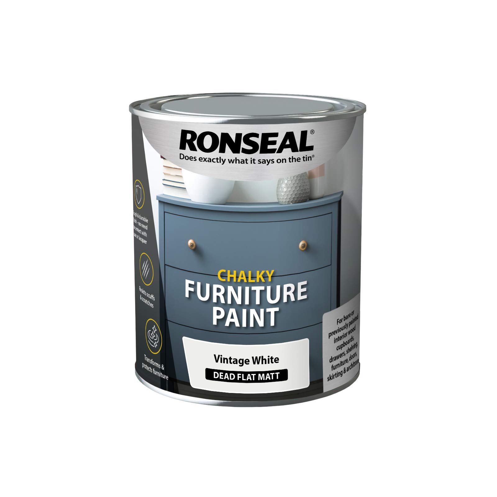 Ronseal RSLCFPVW750 750 ml Chalky Furniture Paint - Vintage White