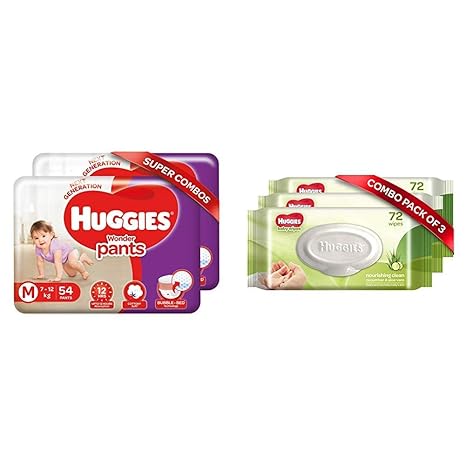 Huggies Wonder Pants Medium Size Diapers Combo Pack of 2, 54 Counts Per Pack (108 Counts) & Huggies Baby Wipes - Cucumber & Aloe, Pack of 3 (216 Wipes)