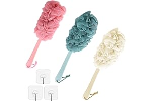 3 Pack Loofah Body Bath Brush with Long Handle Shower with Bristles Loofah Scrubber Exfoliating, Mesh Pouf Body Flower Bath B