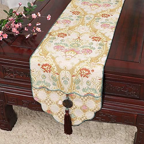 Table Runners Chinese Style Cotton Linen Table Flag Tablecloth Cover Towel, Classical Light Luxury Embroidery Auspicious Gold Tassel Dining Table Long Strip Decorative Fabric, Suitable For Restaurant