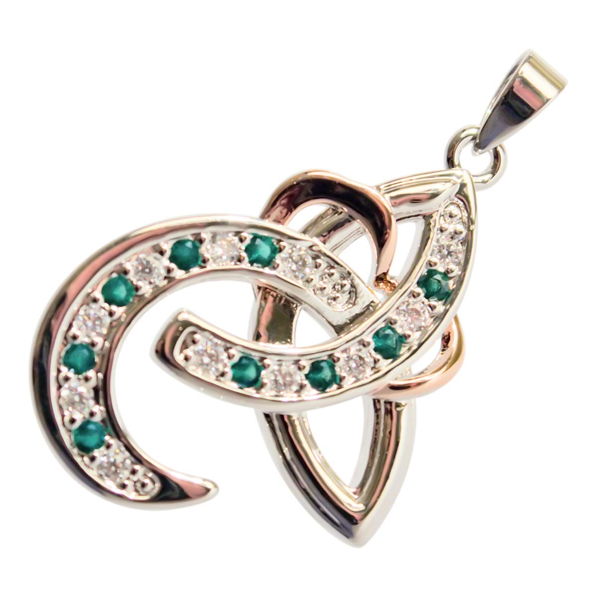 GWG Jewellery 18K White Gold Coated Celtic Trinity Knot Adorned with Emerald Green Stones and Rose Gold Coated Heart 2 Tone Pendant Necklace in Gift Box for Women
