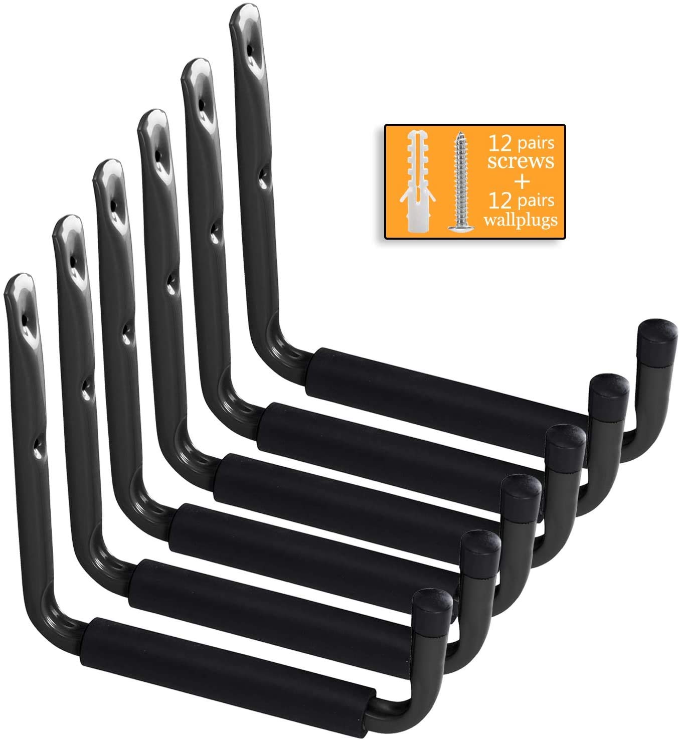 Ihomepark Heavy Duty Garage Storage Utility Hooks 20 cm, Wall Mount Garage Hanger & Organizer for Ladder Shovel Tool Shed Chair Garden Hose(6 Pack - Black)