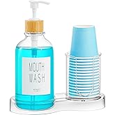 VITVITI Mouthwash Dispenser for Bathroom, Mouth Wash Dispenser Container with Paper Cup Holder, 17OZ Plastic Refillable Pump Mouthwash Bottle Decanter with Tray (Clear)