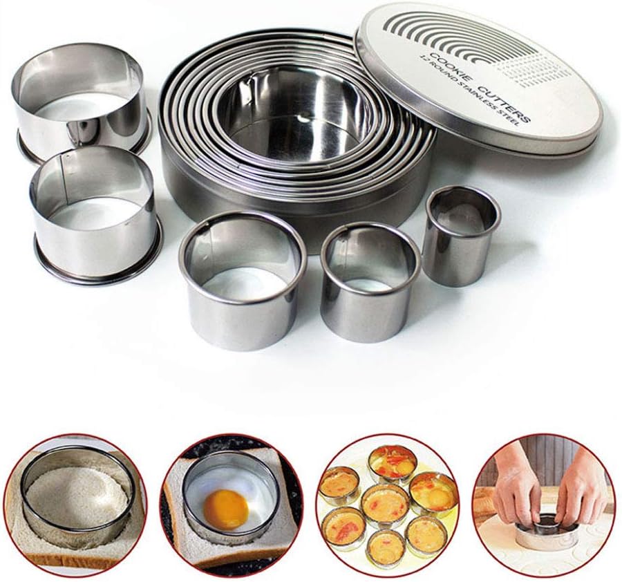 12 Piece Round Cookie Cutter Set, Circle Stainless Steel Dough Cutters Ring Molds Metal Cutter with Graduated Size for Pastry, Donut, Fondant, Sugarcraft,Silver