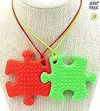 Sensory Chew Necklace Premium Strength (2 Pack) for Boys, Girls, Kids and Adults. Great for Severe Chewers Autism, ADHD, Baby Teething, Silicone Puzzle Autism, Awareness Necklace Red and Green.