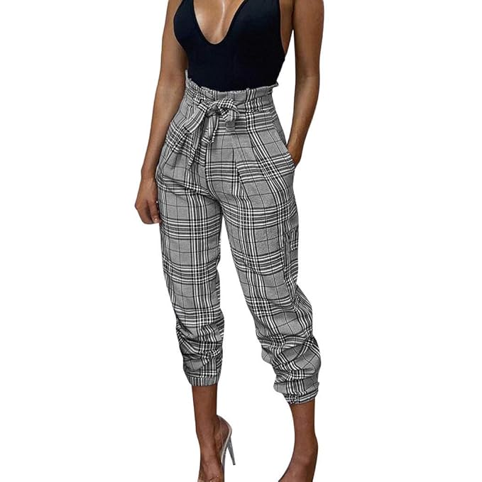 Kneris Pantalones De Mujer Estampado A Cuadros Cordon Hasta El